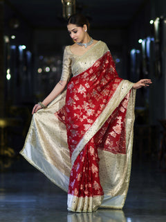 Royal Red Banarasi Chiffon Mirror Work Saree with Zari Border