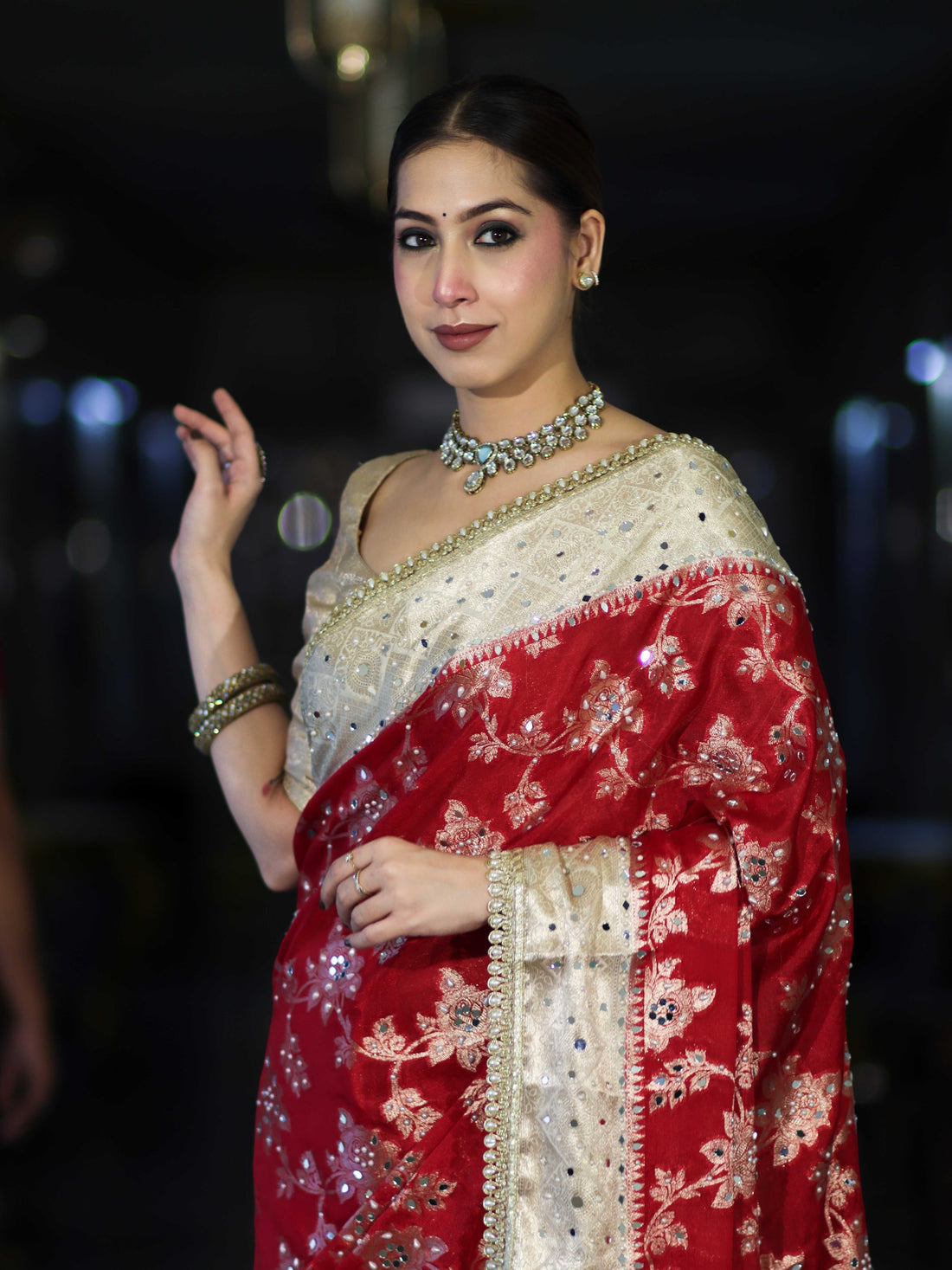 Royal Red Banarasi Chiffon Mirror Work Saree with Zari Border