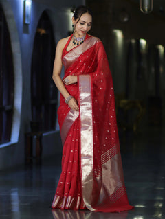 Red Tissue Saree with Silver Zari Border