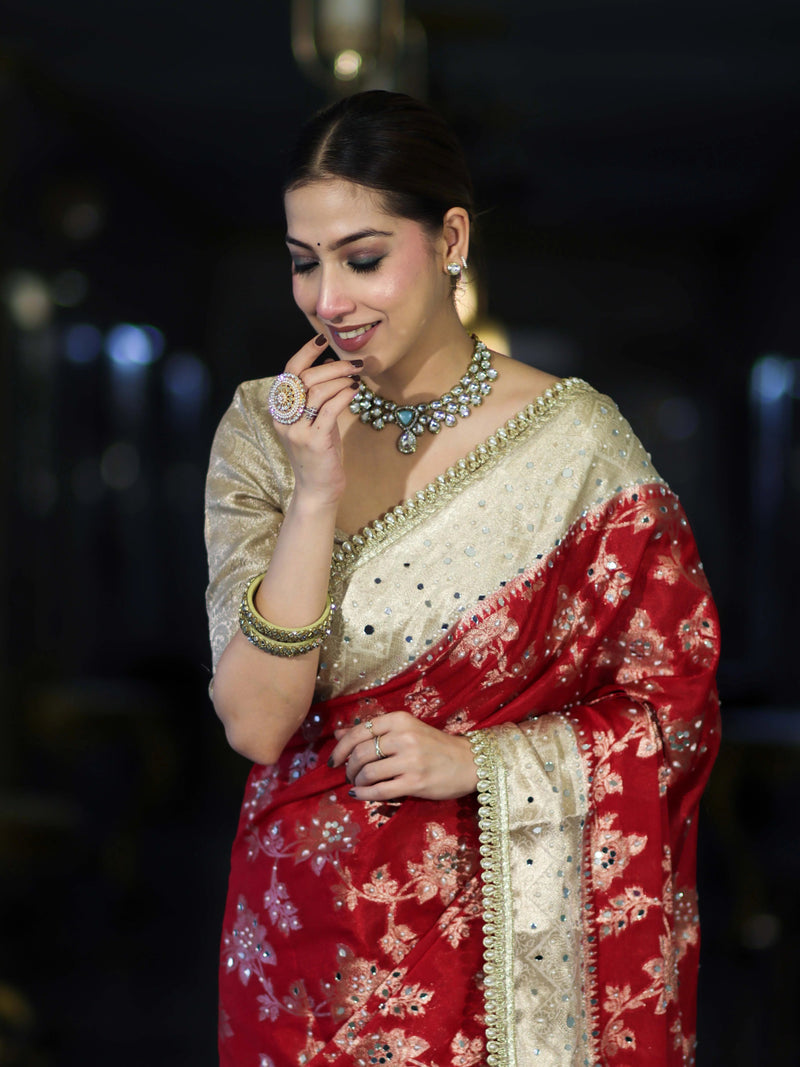 Royal Red Banarasi Chiffon Mirror Work Saree with Zari Border