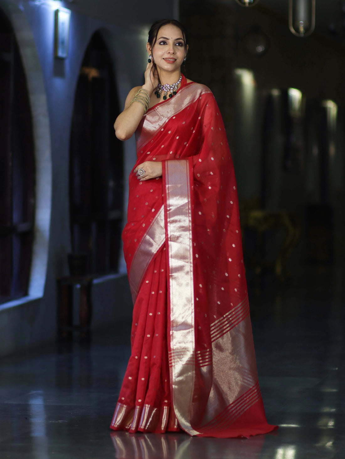 Red Tissue Saree with Silver Zari Border