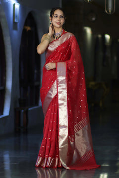 Red Tissue Saree with Silver Zari Border