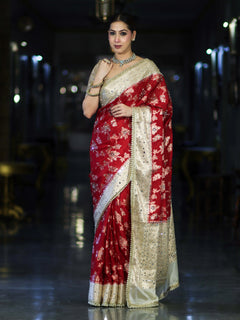 Royal Red Banarasi Chiffon Mirror Work Saree with Zari Border