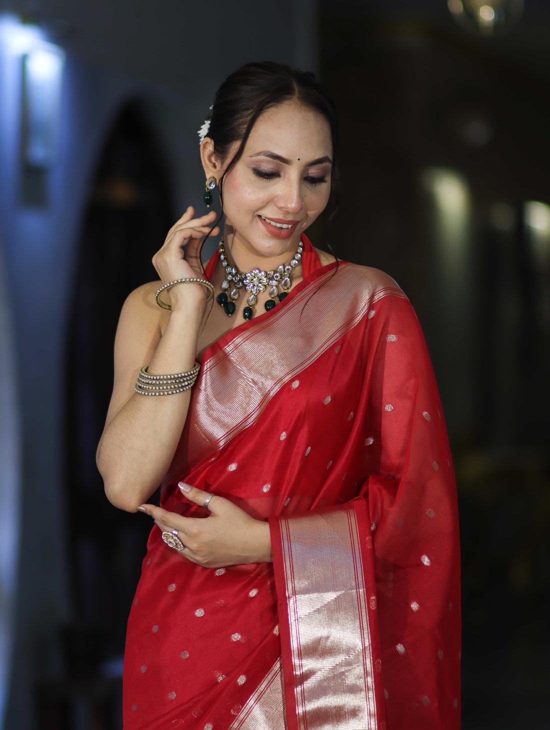 Red Tissue Saree with Silver Zari Border