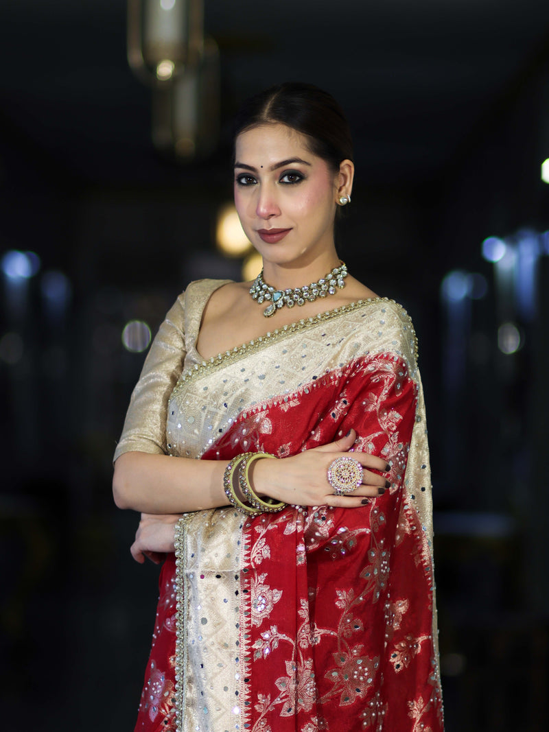 Royal Red Banarasi Chiffon Mirror Work Saree with Zari Border