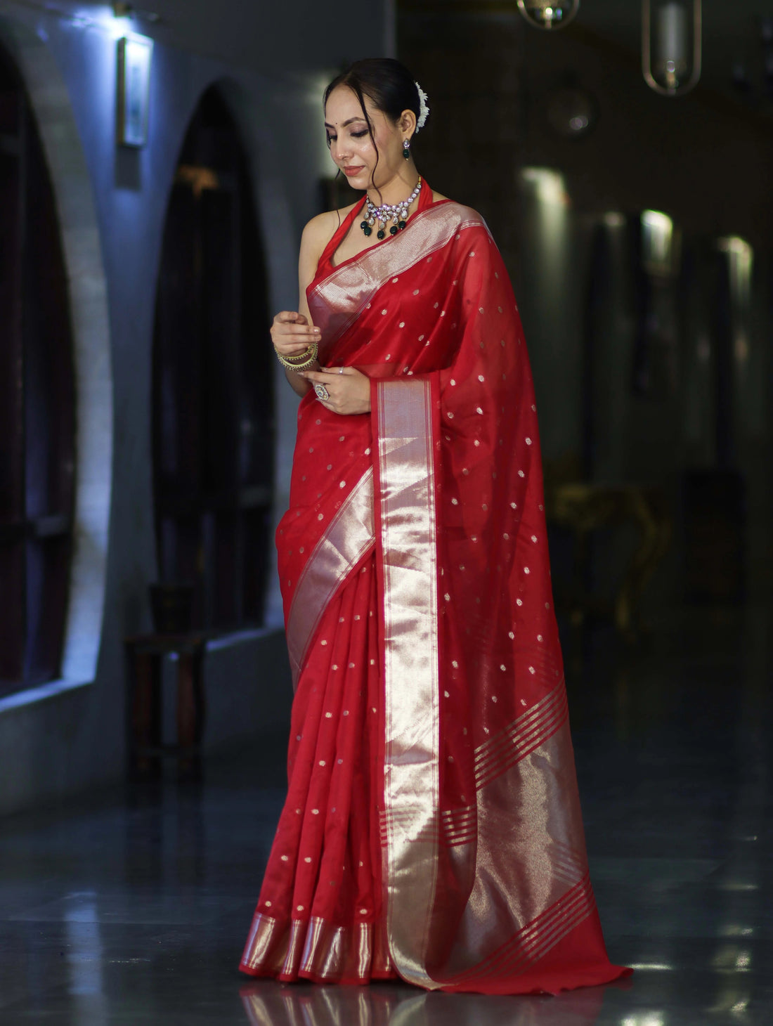 Red Tissue Saree with Silver Zari Border