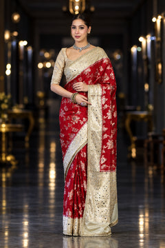 Royal Red Banarasi Chiffon Mirror Work Saree with Zari Border