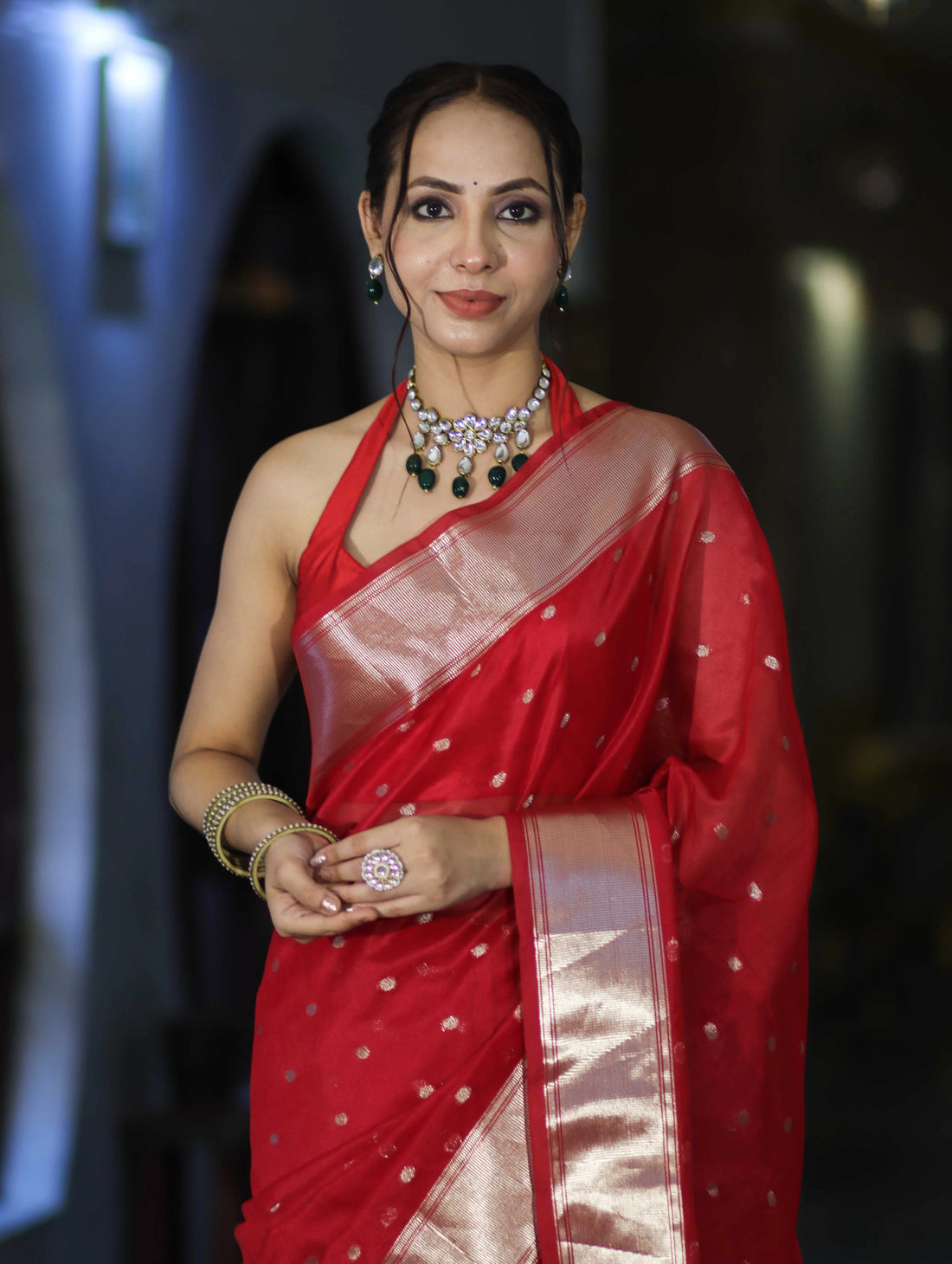 Red Tissue Saree with Silver Zari Border