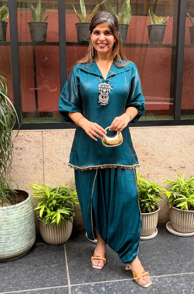 Mahira Luxe Shimmer Silk Tunic Top with Dhoti Skirt