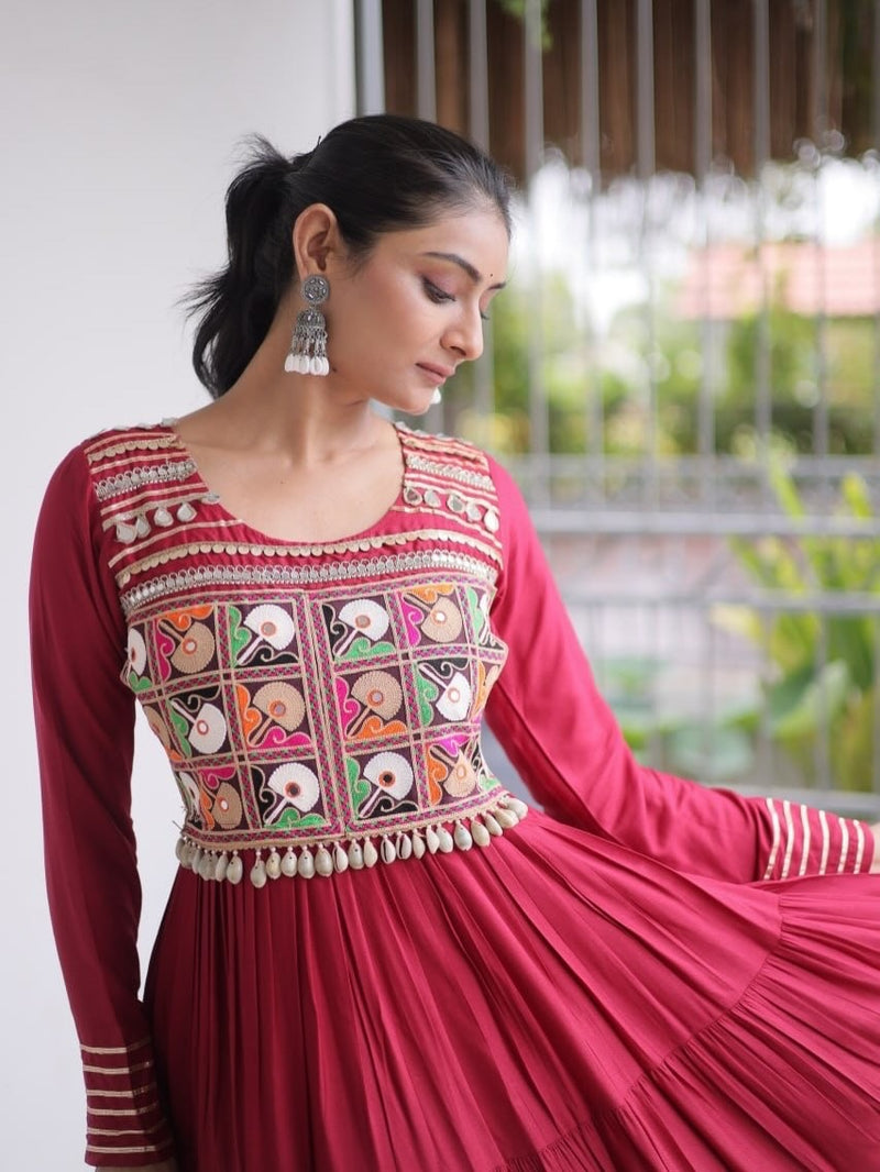 Kutchi Gamthi Mirror Work Tiered Rayon Gown