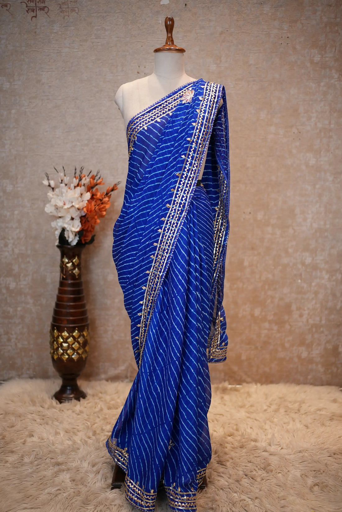 Rani Pink Leheriya Saree with Handcrafted Kacchi Gota Patti Work