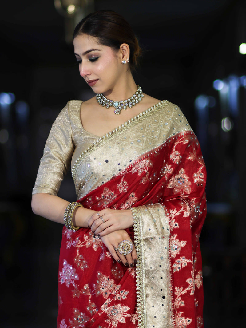Royal Red Banarasi Chiffon Mirror Work Saree with Zari Border