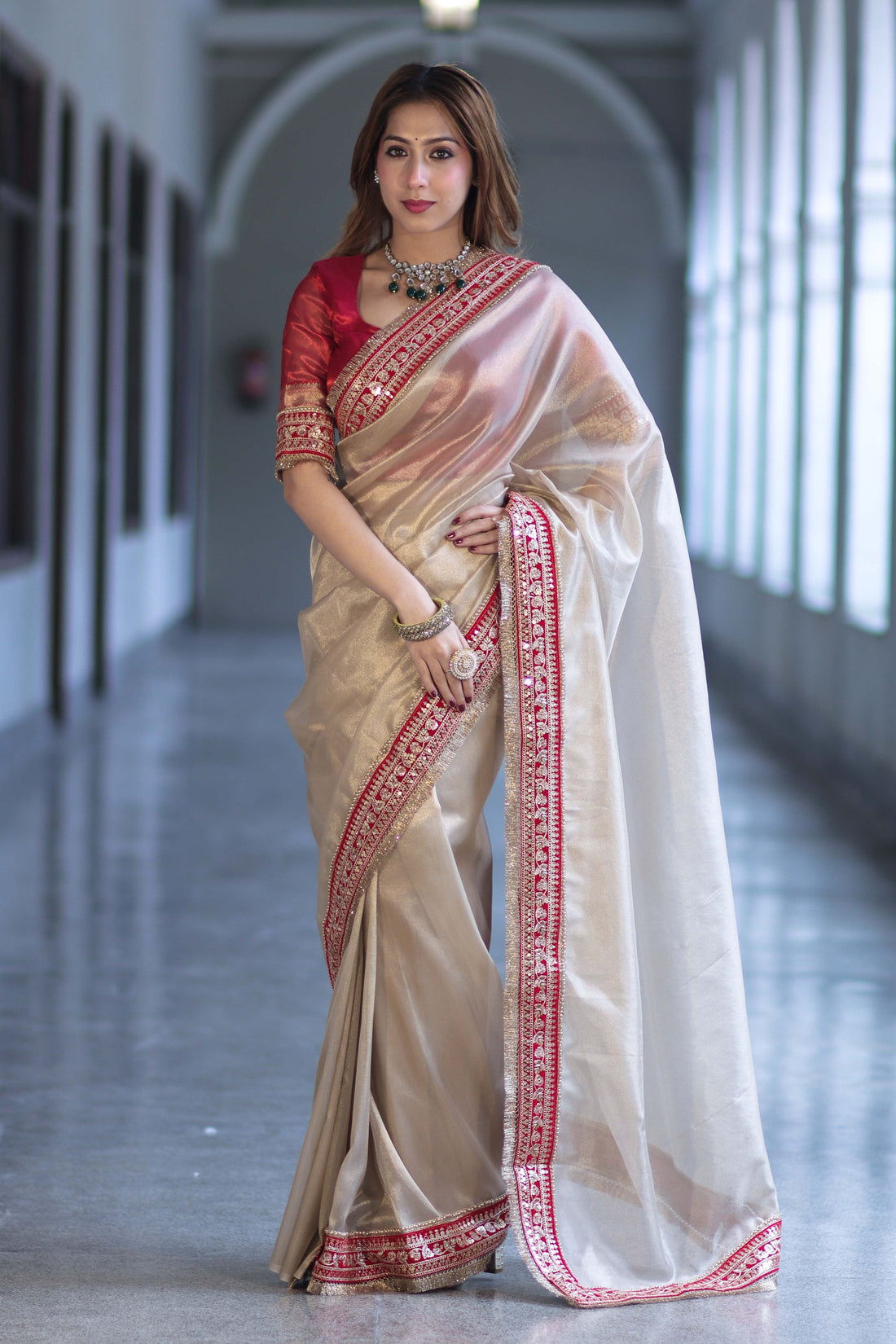 Ivory Tissue Saree with Rich Velvet Border