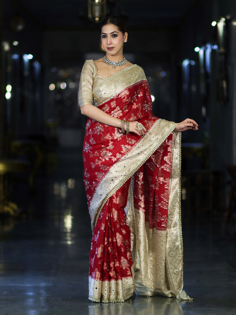 Royal Red Banarasi Chiffon Mirror Work Saree with Zari Border
