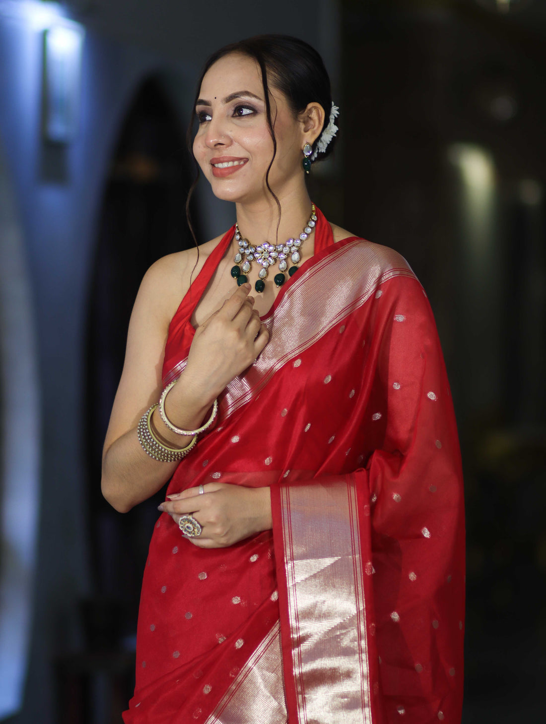 Red Tissue Saree with Silver Zari Border