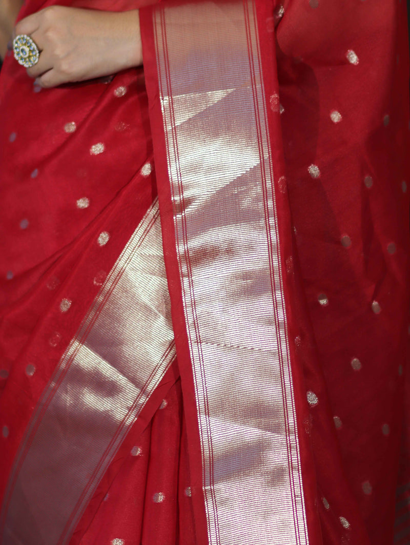 Red Tissue Saree with Silver Zari Border