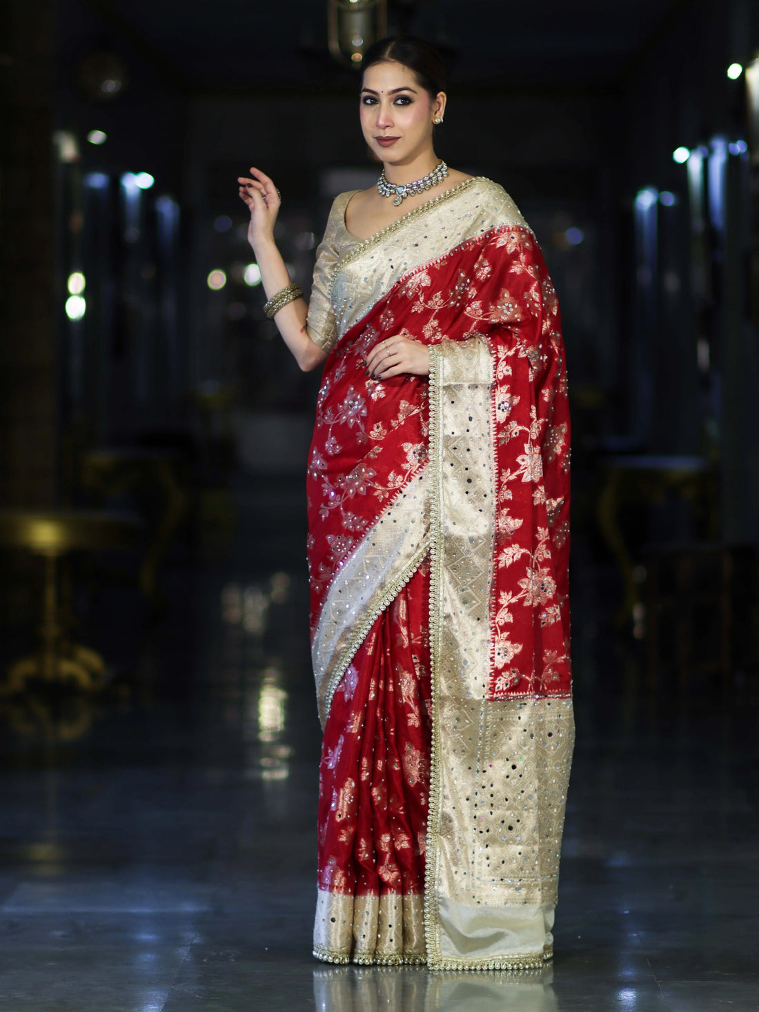 Royal Red Banarasi Chiffon Mirror Work Saree with Zari Border