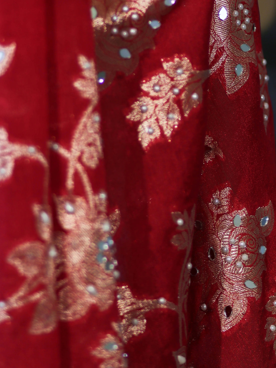Royal Red Banarasi Chiffon Mirror Work Saree with Zari Border