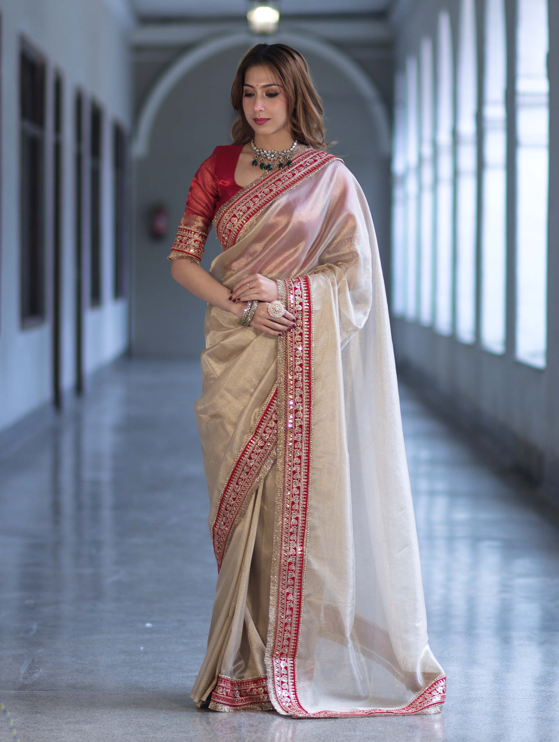 Ivory Tissue Saree with Rich Velvet Border