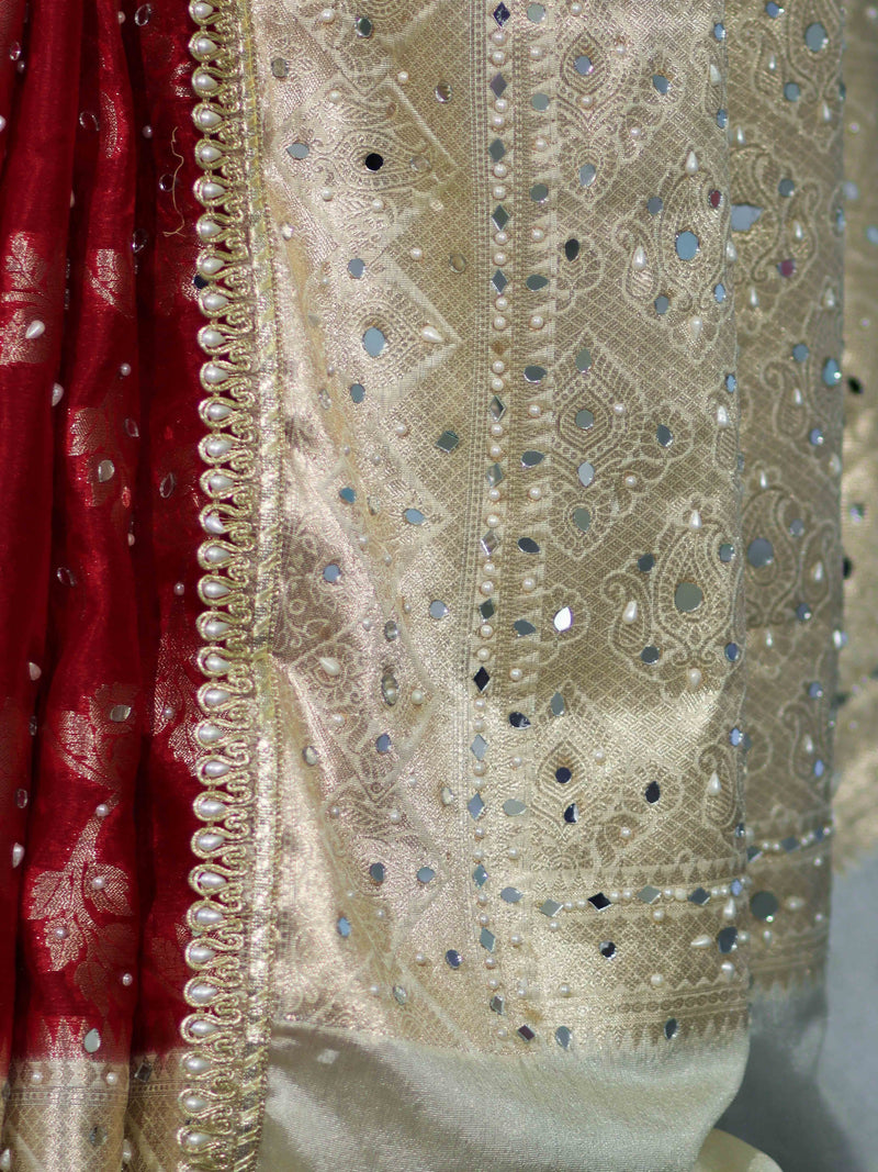 Royal Red Banarasi Chiffon Mirror Work Saree with Zari Border