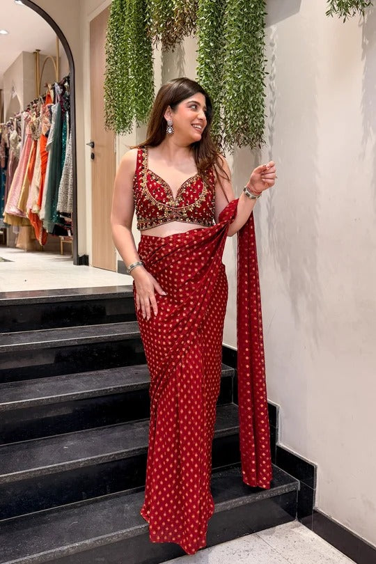 Bandhani Georgette Pre-Draped Saree with Embroidered Blouse