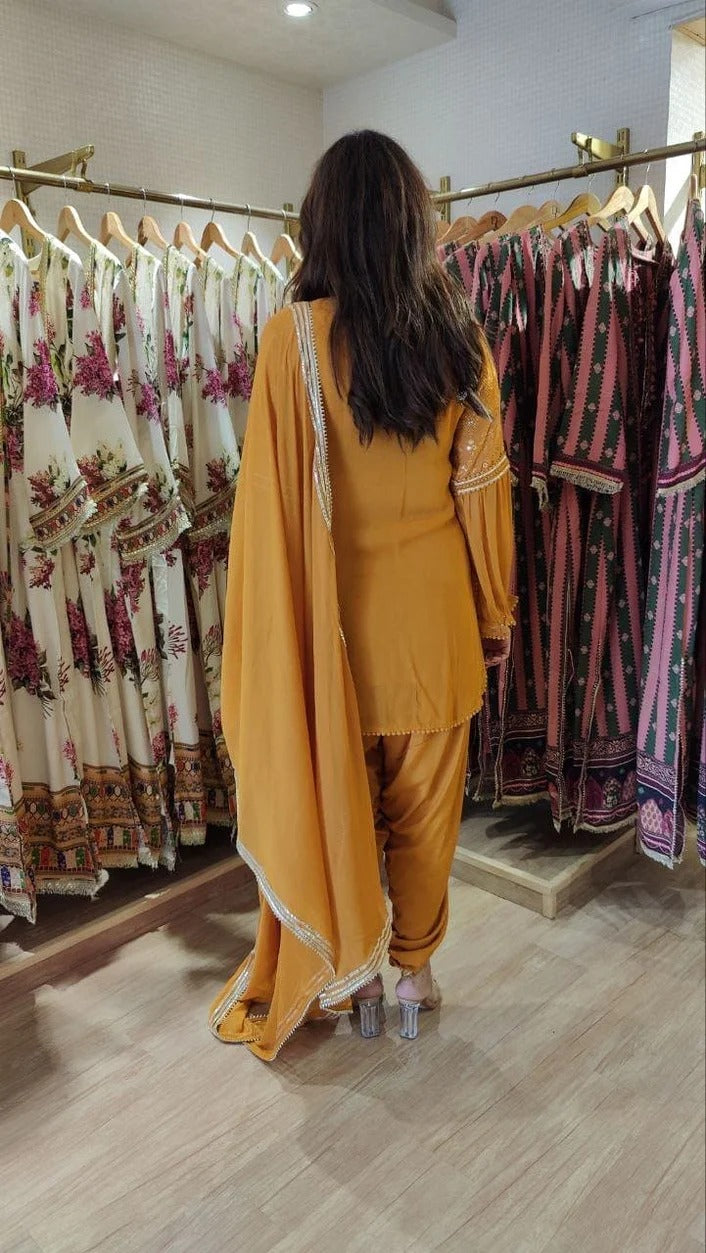 Georgette Mustard Chikan 3-Piece Set