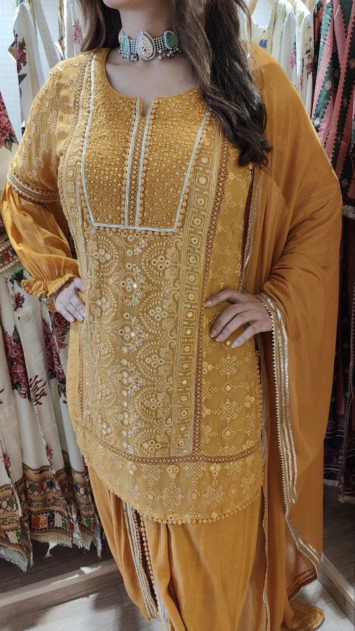 Georgette Mustard Chikan 3-Piece Set