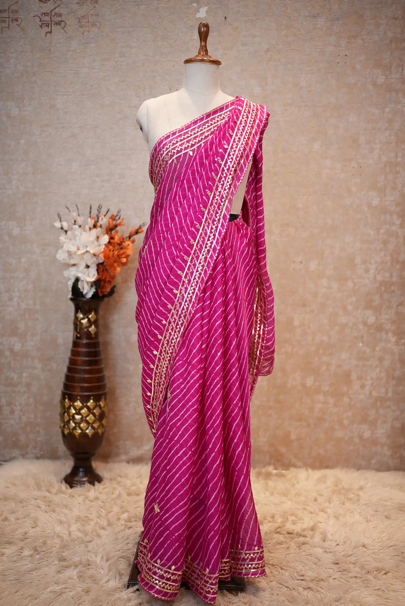 Rani Pink Leheriya Saree with Handcrafted Kacchi Gota Patti Work