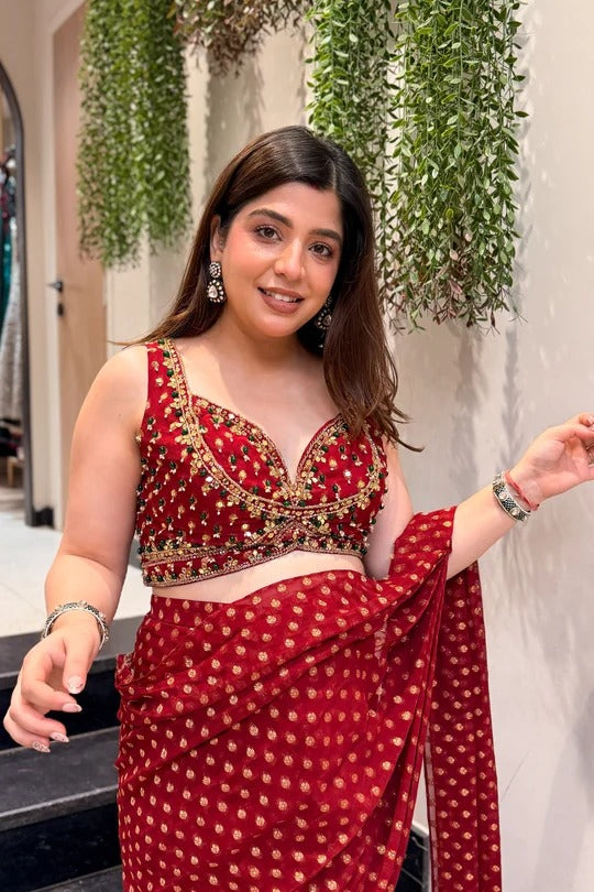 Bandhani Georgette Pre-Draped Saree with Embroidered Blouse