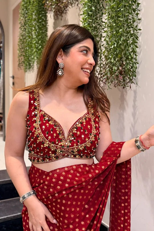 Bandhani Georgette Pre-Draped Saree with Embroidered Blouse