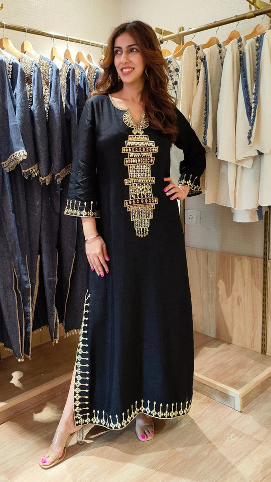 Party Black Viscose Raw Silk Kaftan Dress