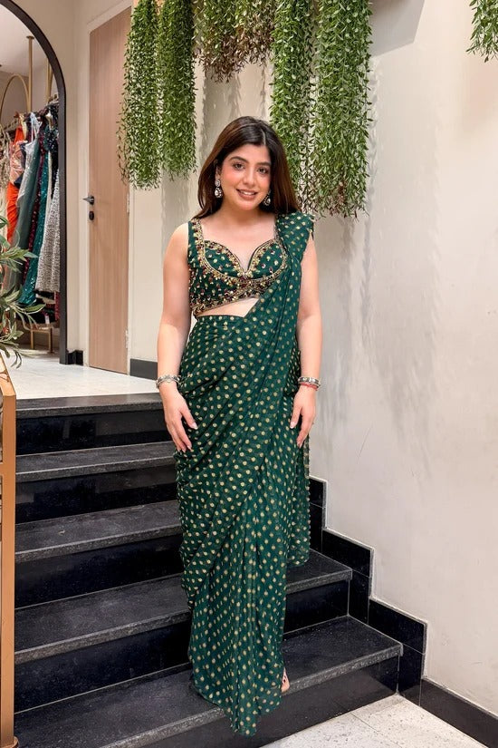 Bandhani Georgette Pre-Draped Saree with Embroidered Blouse