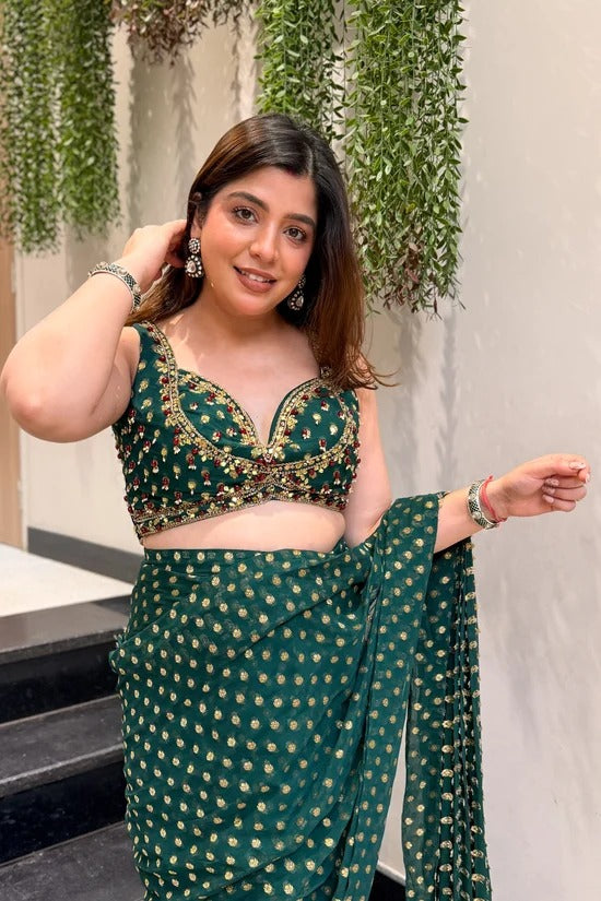 Bandhani Georgette Pre-Draped Saree with Embroidered Blouse