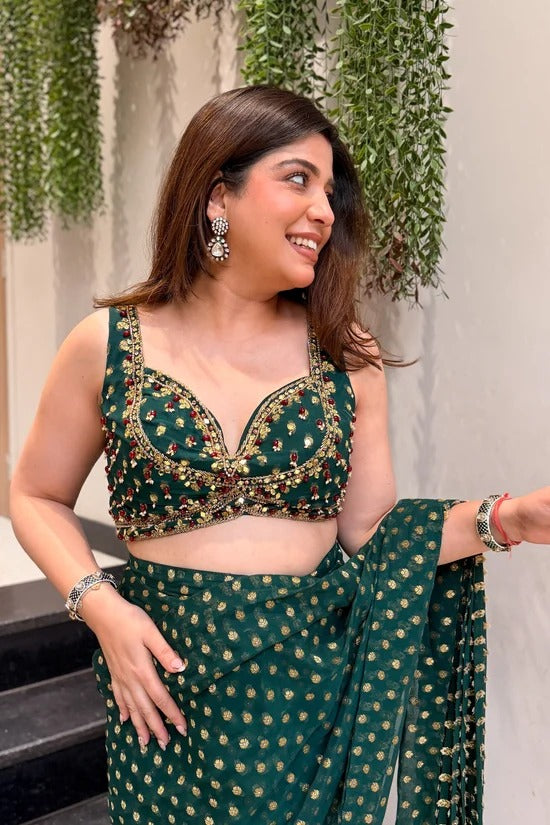 Bandhani Georgette Pre-Draped Saree with Embroidered Blouse