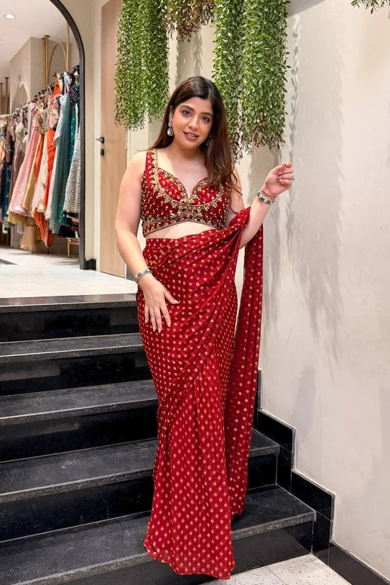 Bandhani Georgette Pre-Draped Saree with Embroidered Blouse