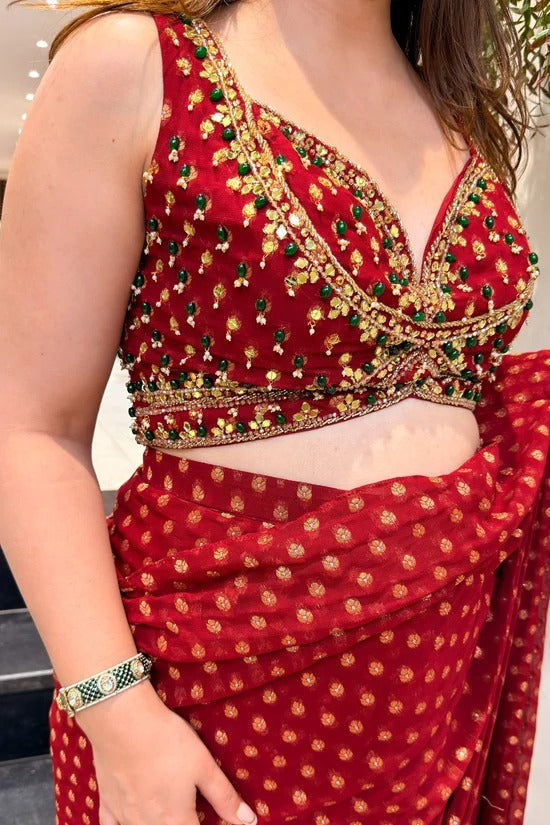 Bandhani Georgette Pre-Draped Saree with Embroidered Blouse