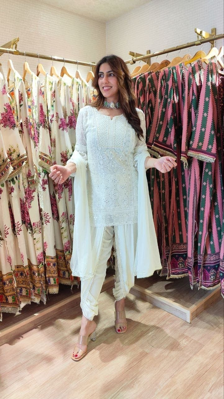 Georgette Mustard Chikan 3-Piece Set