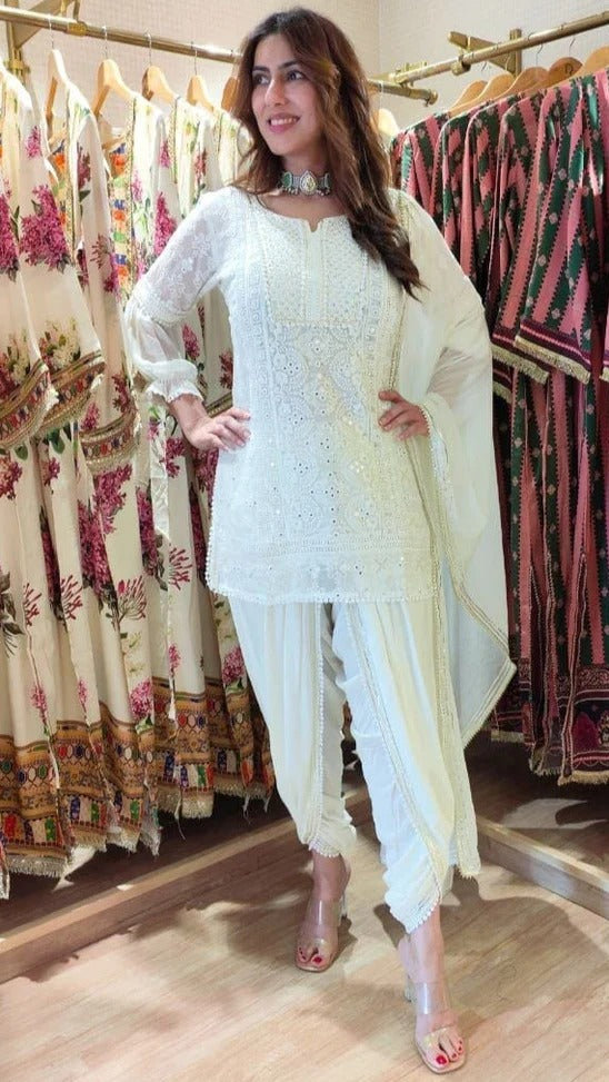 Georgette Mustard Chikan 3-Piece Set