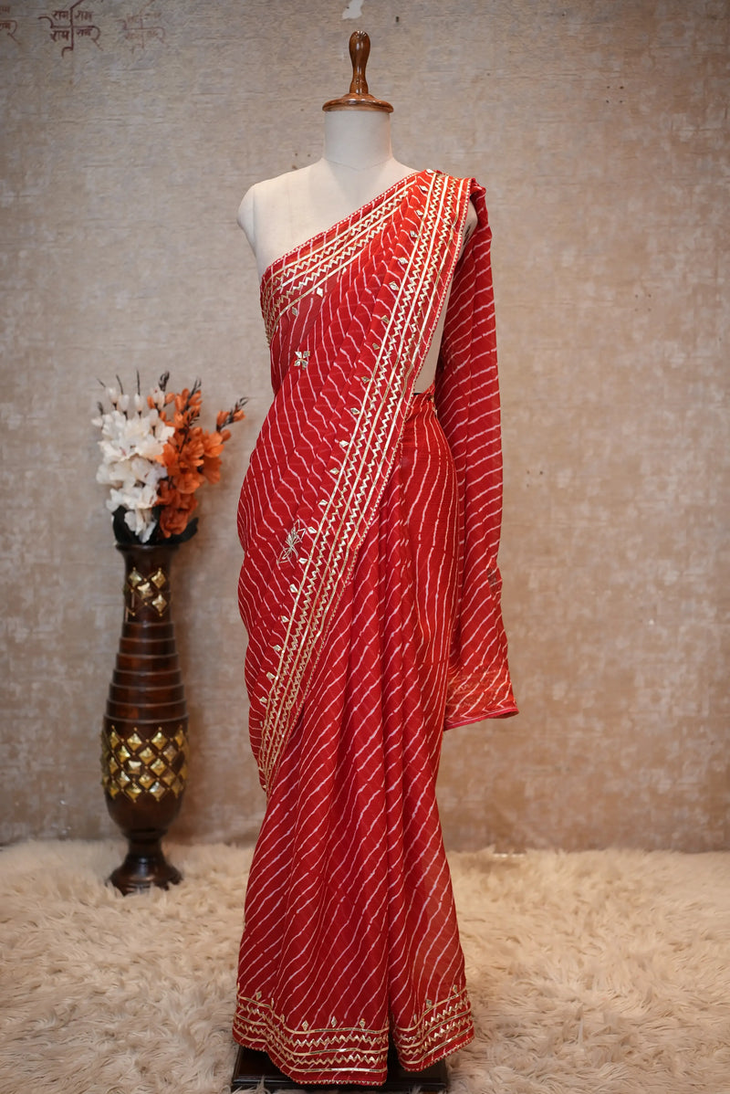 Rani Pink Leheriya Saree with Handcrafted Kacchi Gota Patti Work