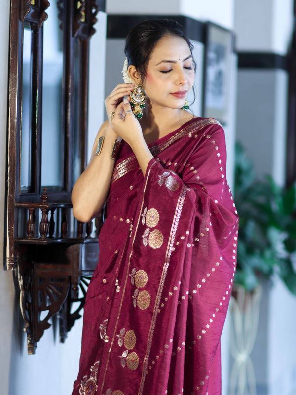 Mehrunisa Wine Banarasi Saree