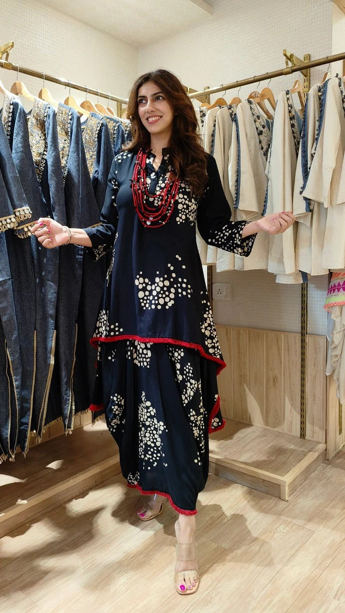 Black Rayon Dhoti Skirt Dress with Necklace
