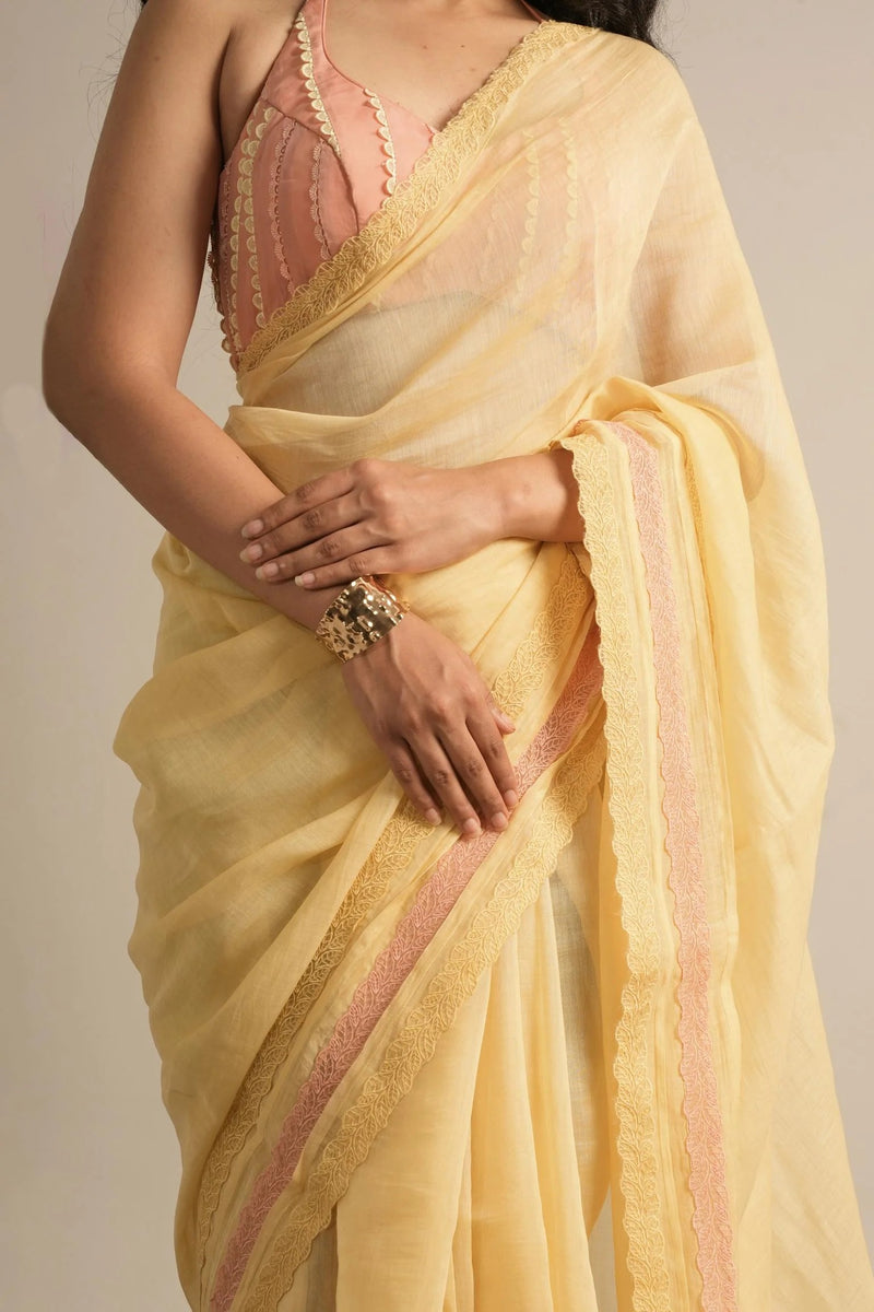 Chameli Pastel Yellow Pure Mul Chanderi Saree