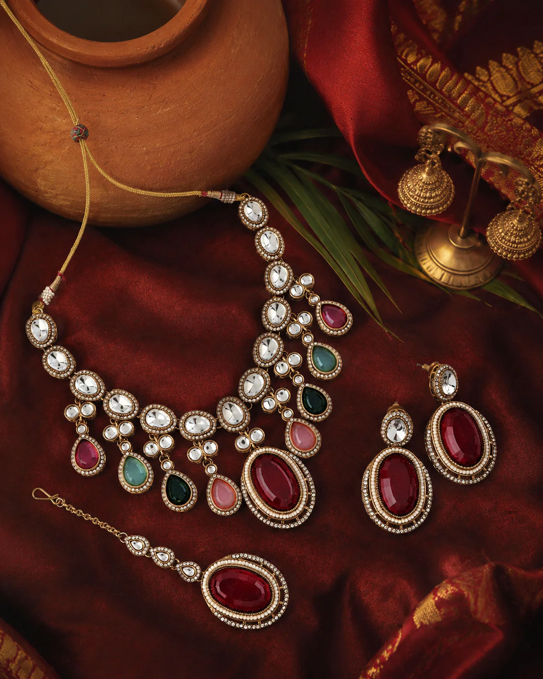 Regal Ruby Kundan Bridal Necklace Set with Earrings & Maang Tikka