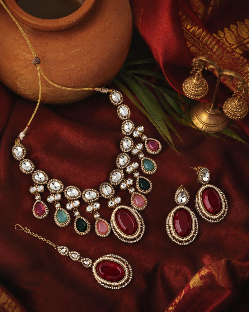 Regal Ruby Kundan Bridal Necklace Set with Earrings & Maang Tikka