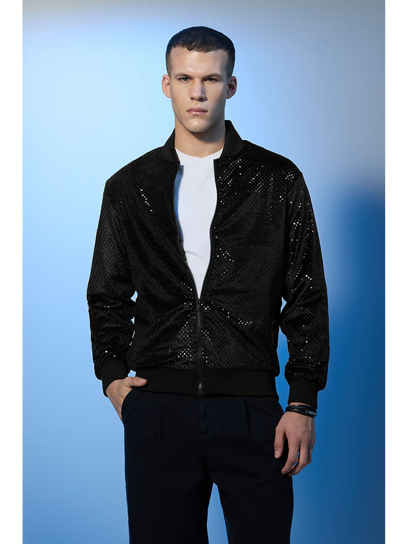 Black Polyester Sequined Party Bomber Jacket