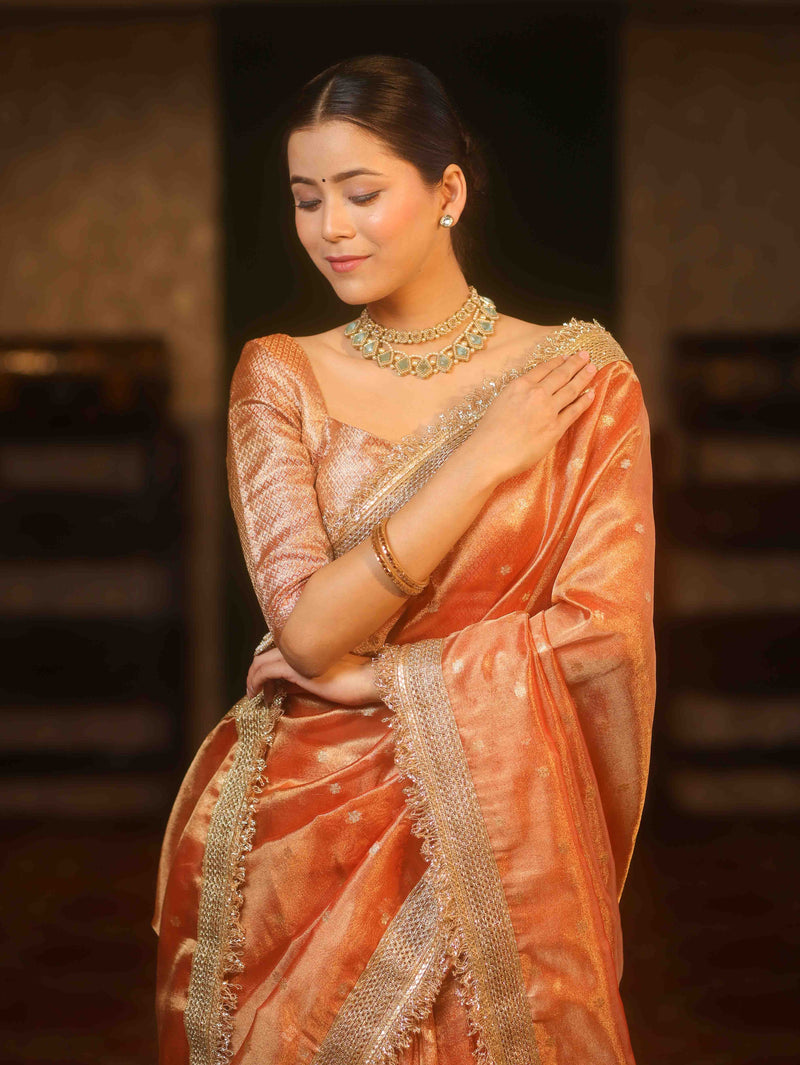 Handwoven Tissue Peach Saree with Zari Buti & Lace