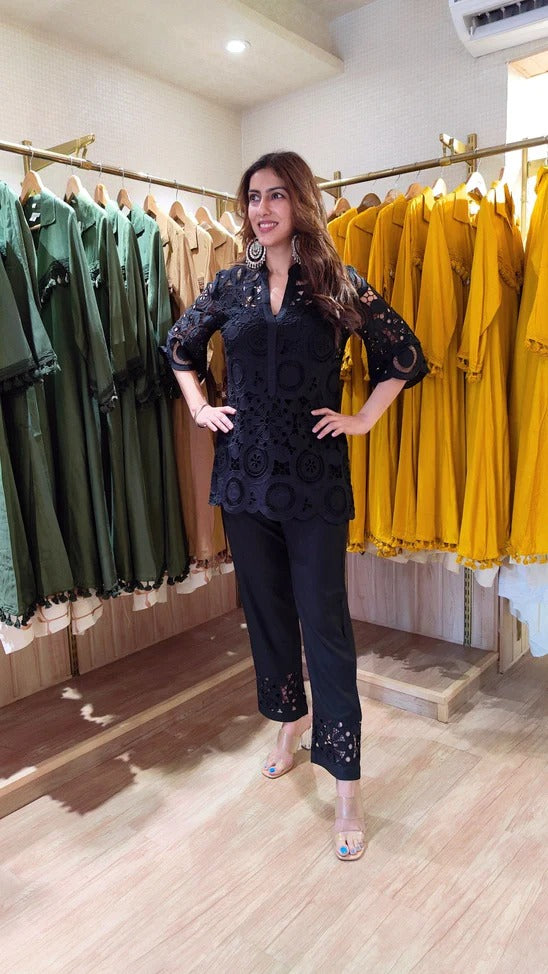 Black Cutwork Crepe Kurta Set
