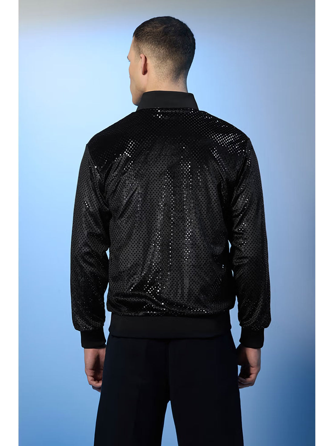 Black Polyester Sequined Party Bomber Jacket