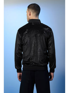 Black Polyester Sequined Party Bomber Jacket