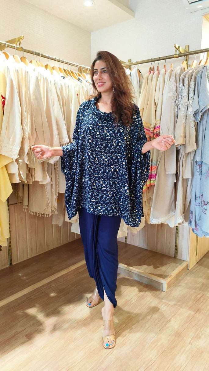Blue Kaftan Top Navy Dhoti Set